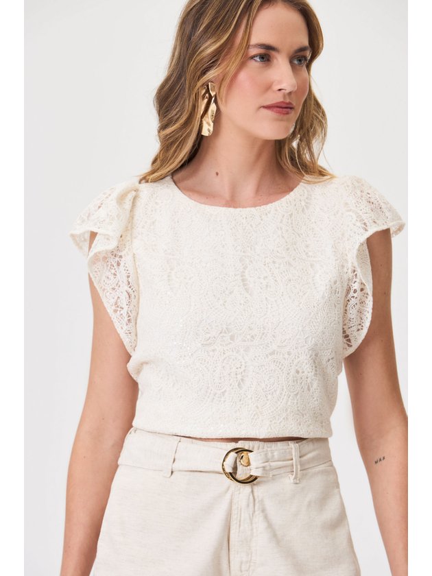 Blusa Feminina Linho Leve Em Renda Flor de Lis