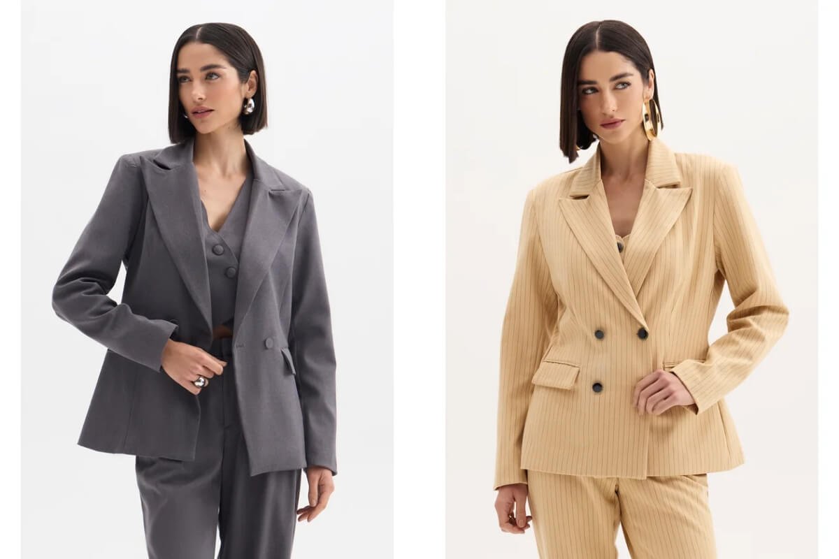 mulher em duas fotos usando blazers