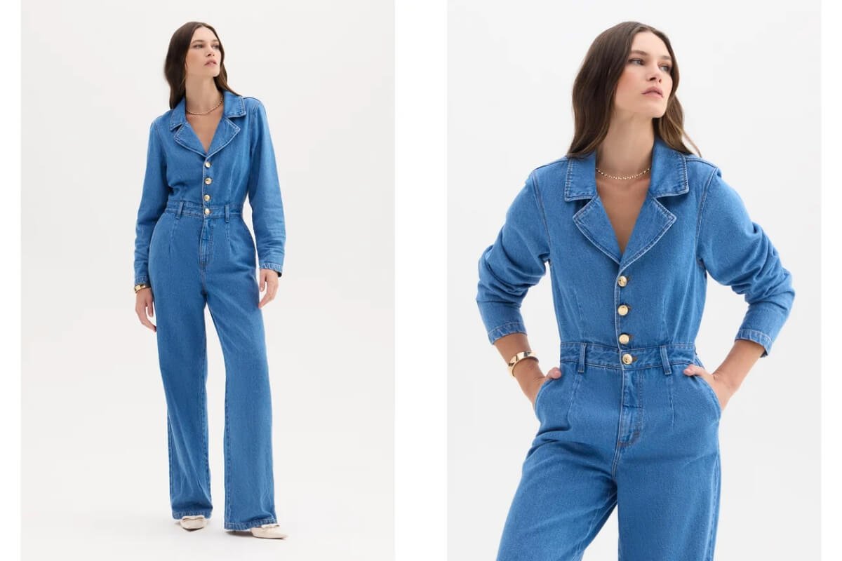 mulher usando macacao jeans azul