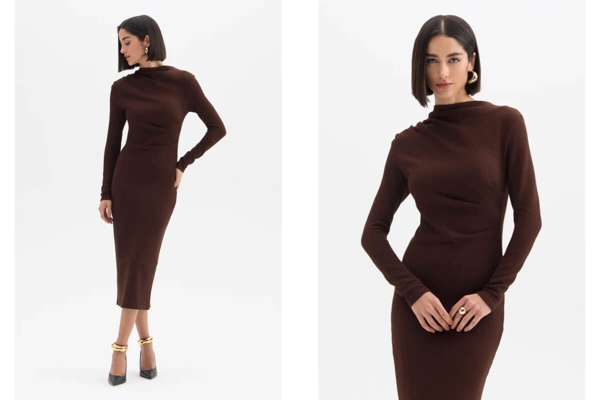 mulher usando vestido de manga longa marrom