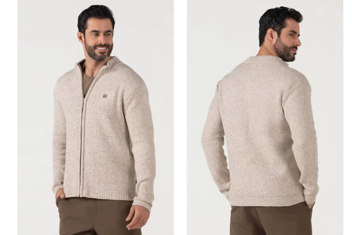 homem usando tricot modelo jaqueta com ziper