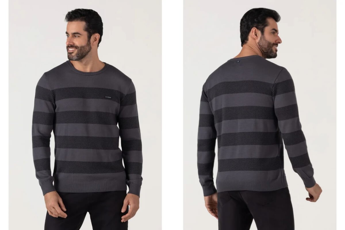 homem usando tricot pretro com listras horizontais