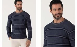 homem usando um tricot azul escuro