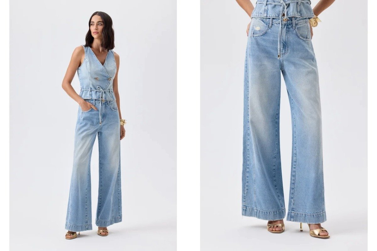 mulher usando calca e colete jeans