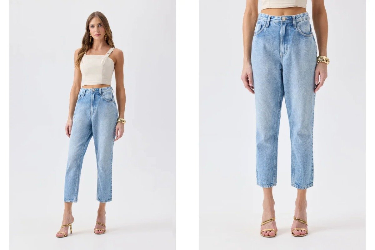 mulher usando calca jeans com cropped