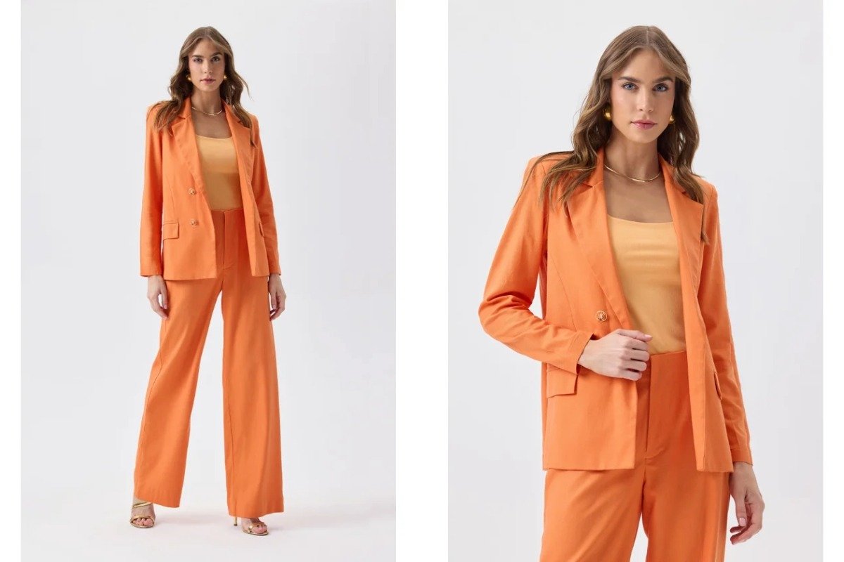 mulher usando conjunto alfaiataria calca e blaze na cor laranja