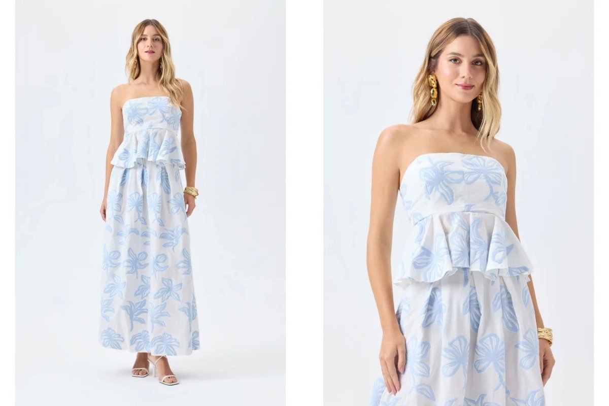 mulher usando conjunto blusa tomara que caia e saia com estampas florais