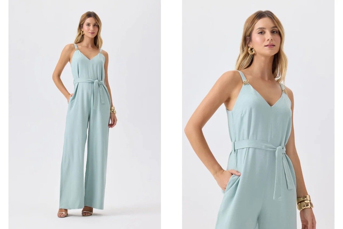 mulher usando um macacao com detalhe de cinto na cintura