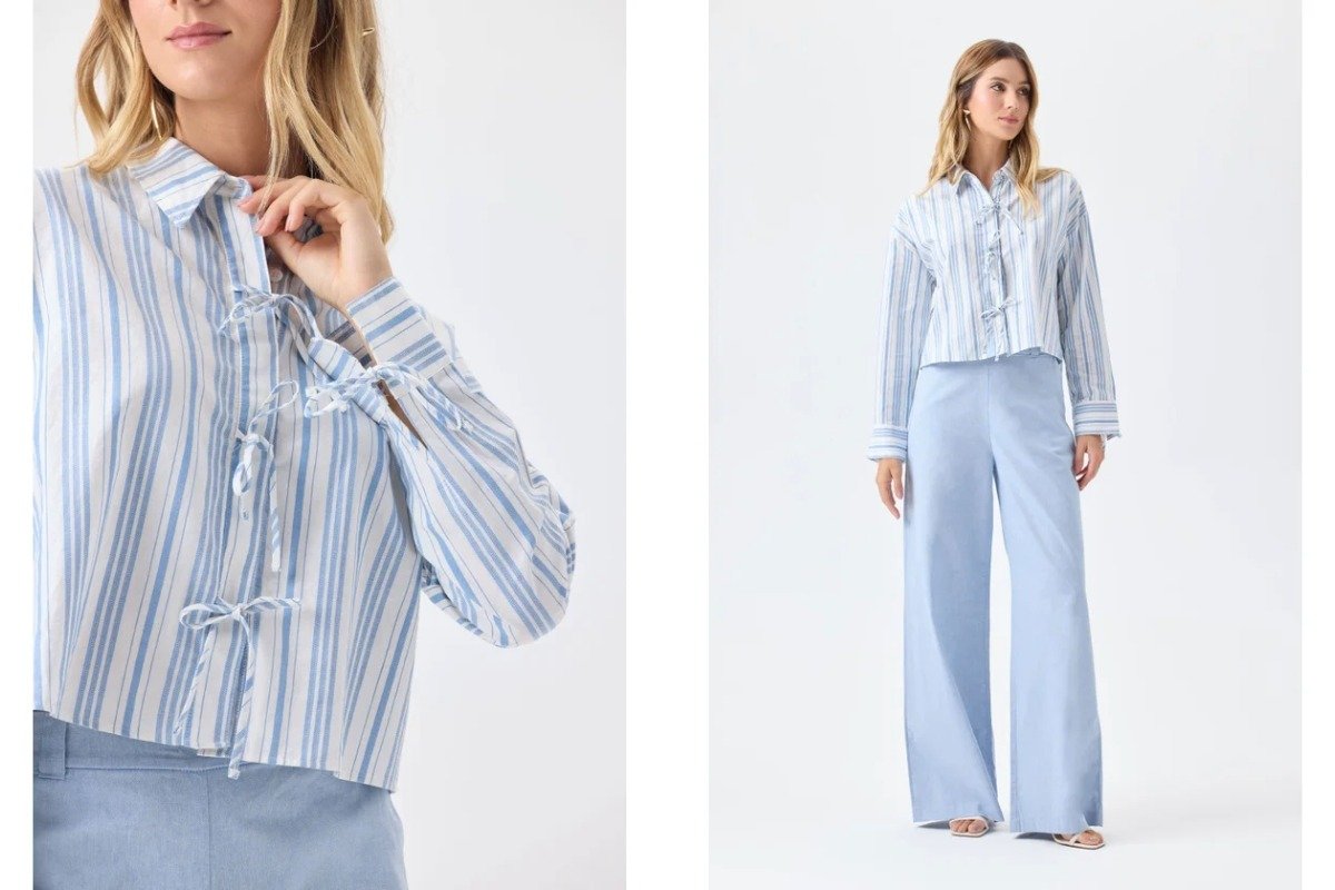 mulher usando blusa de alfaiataria e calca de alfaiataria na cor azul