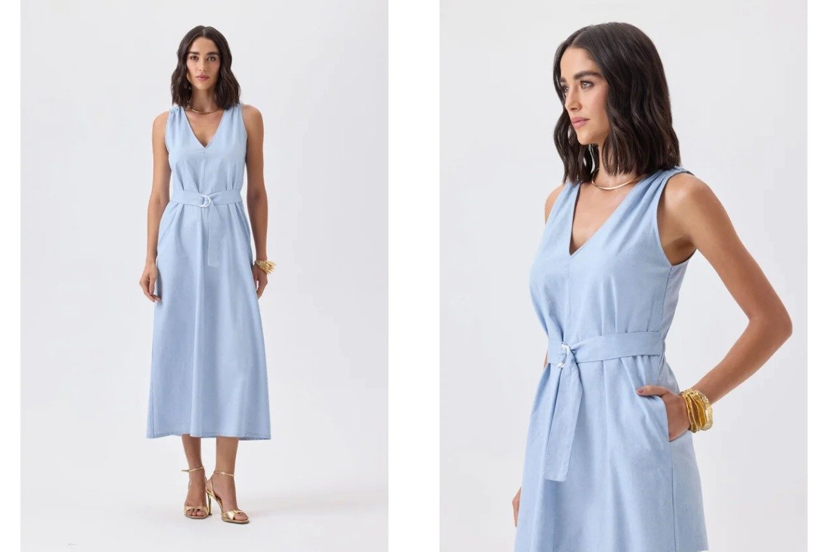 mulher usando vestido midi com detalhe em cinto