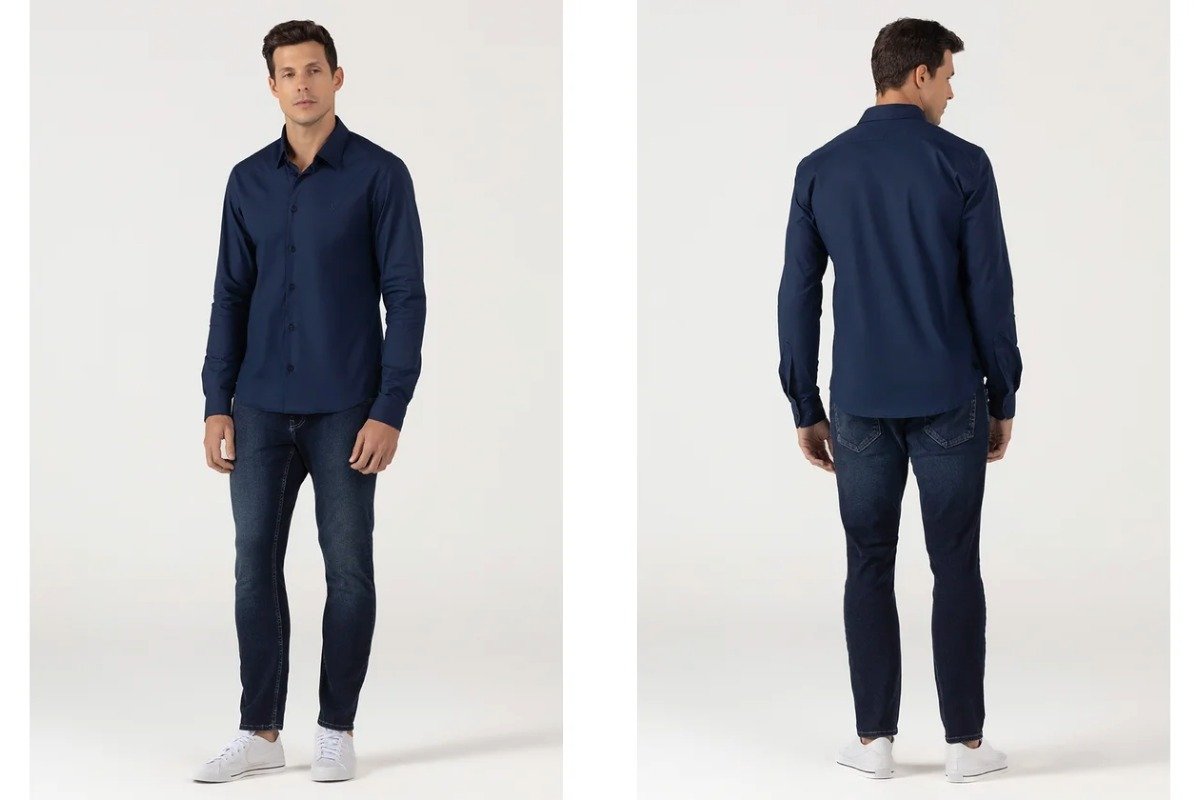 homem usando camisa social azul e calca jeans