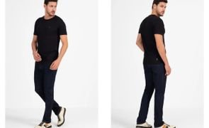 homem usando camiseta preta e calca jeans