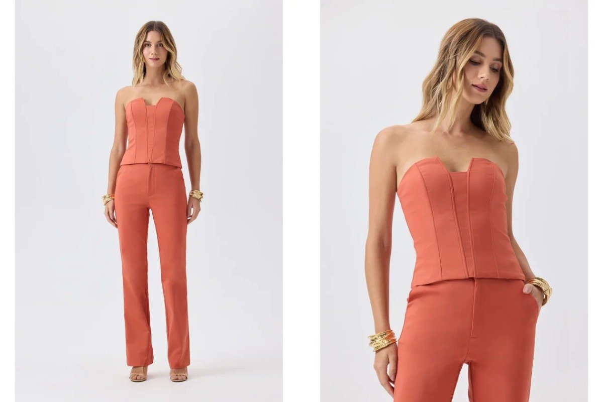 mulher usando conjunto tomara que caia e calca na cor laranja