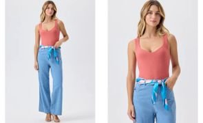 mulher usando blusa regata e calca jeans