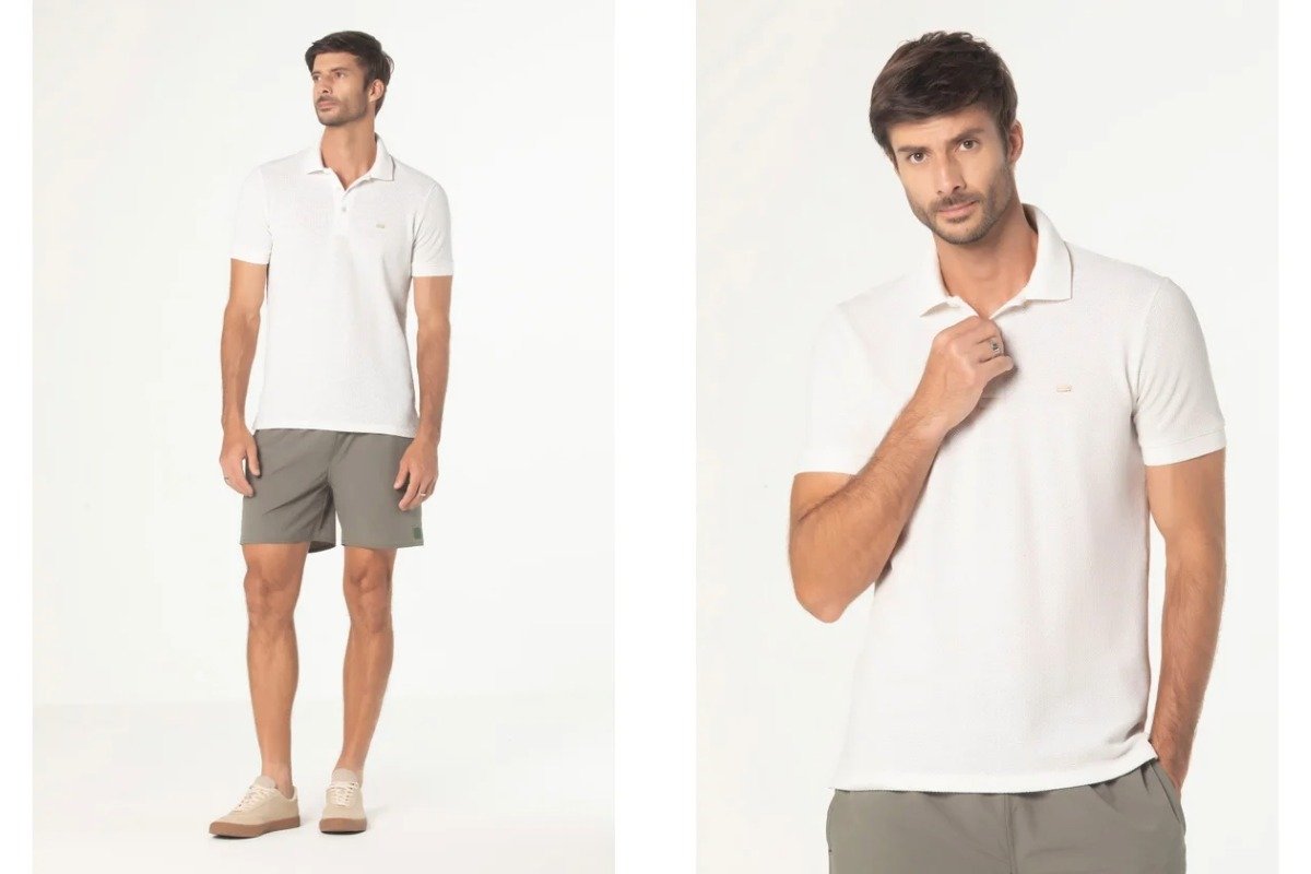 homem usando polo branca e bermuada cinza