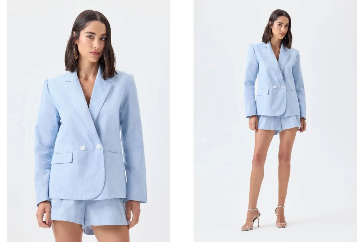 mulher usando conjunto de alfaiataria na cor azul