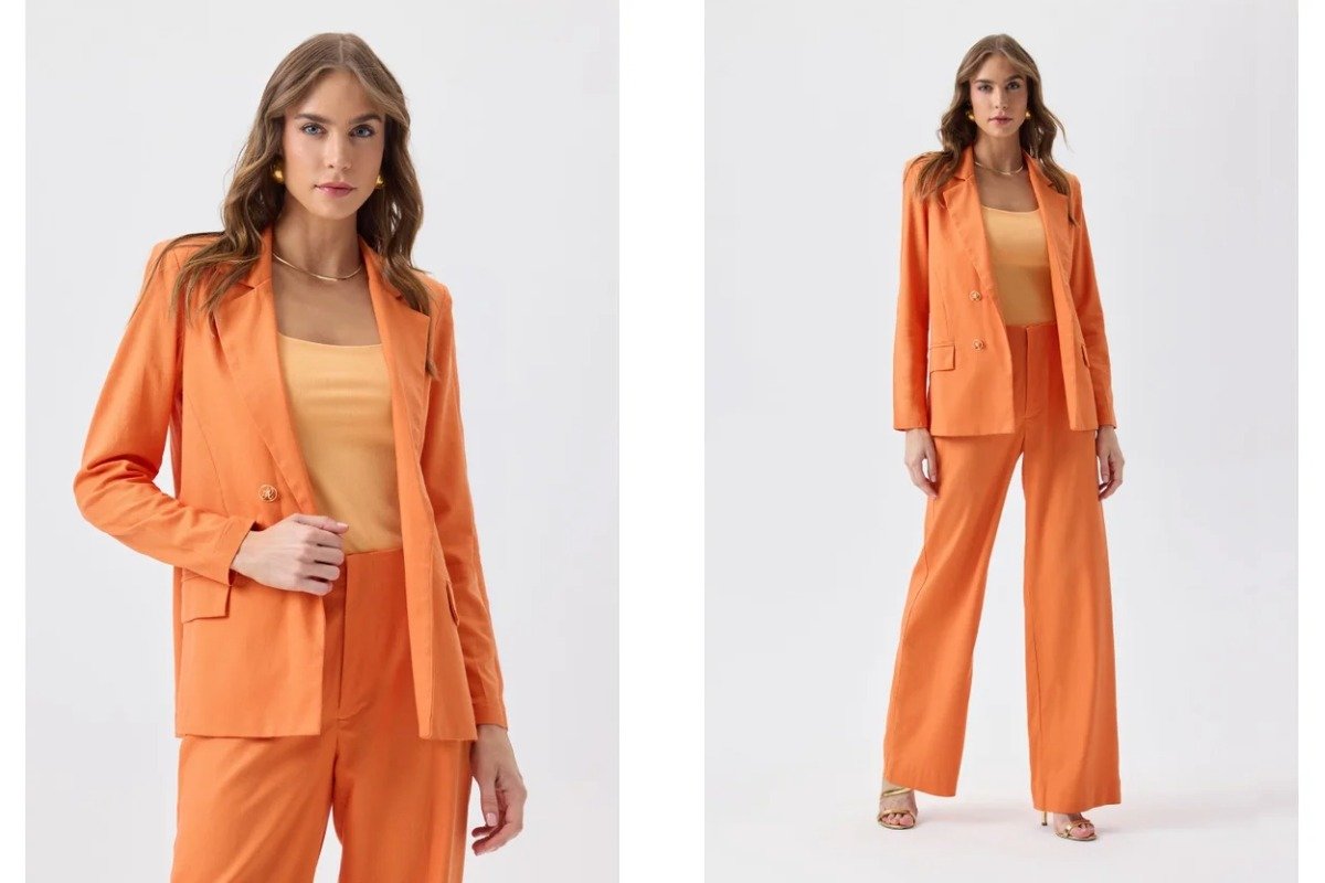 mulher usando conjunto de alfaiataria na cor laranja
