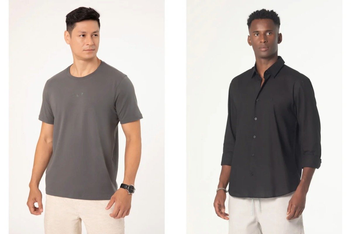 um homem de camiseta basica outro homem de camisa