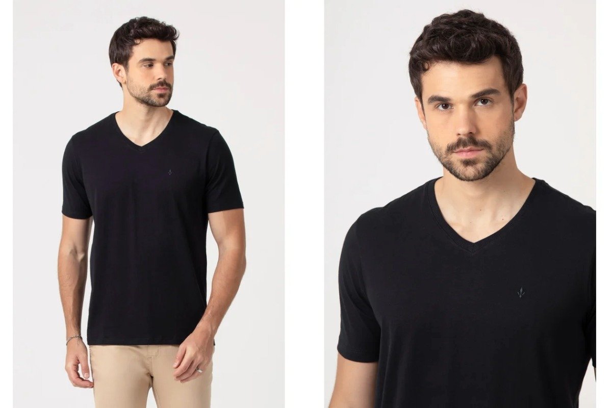 homem usando camiseta preta gola v