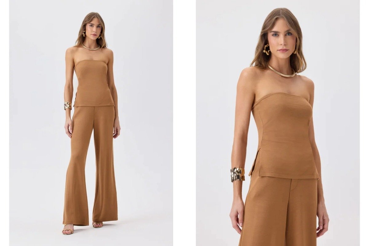 mulher branca usando conjunto bege