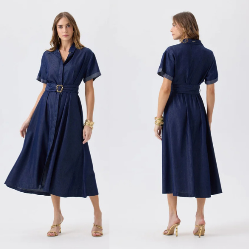 Vestido Feminino Midi Denim Flor de Lis