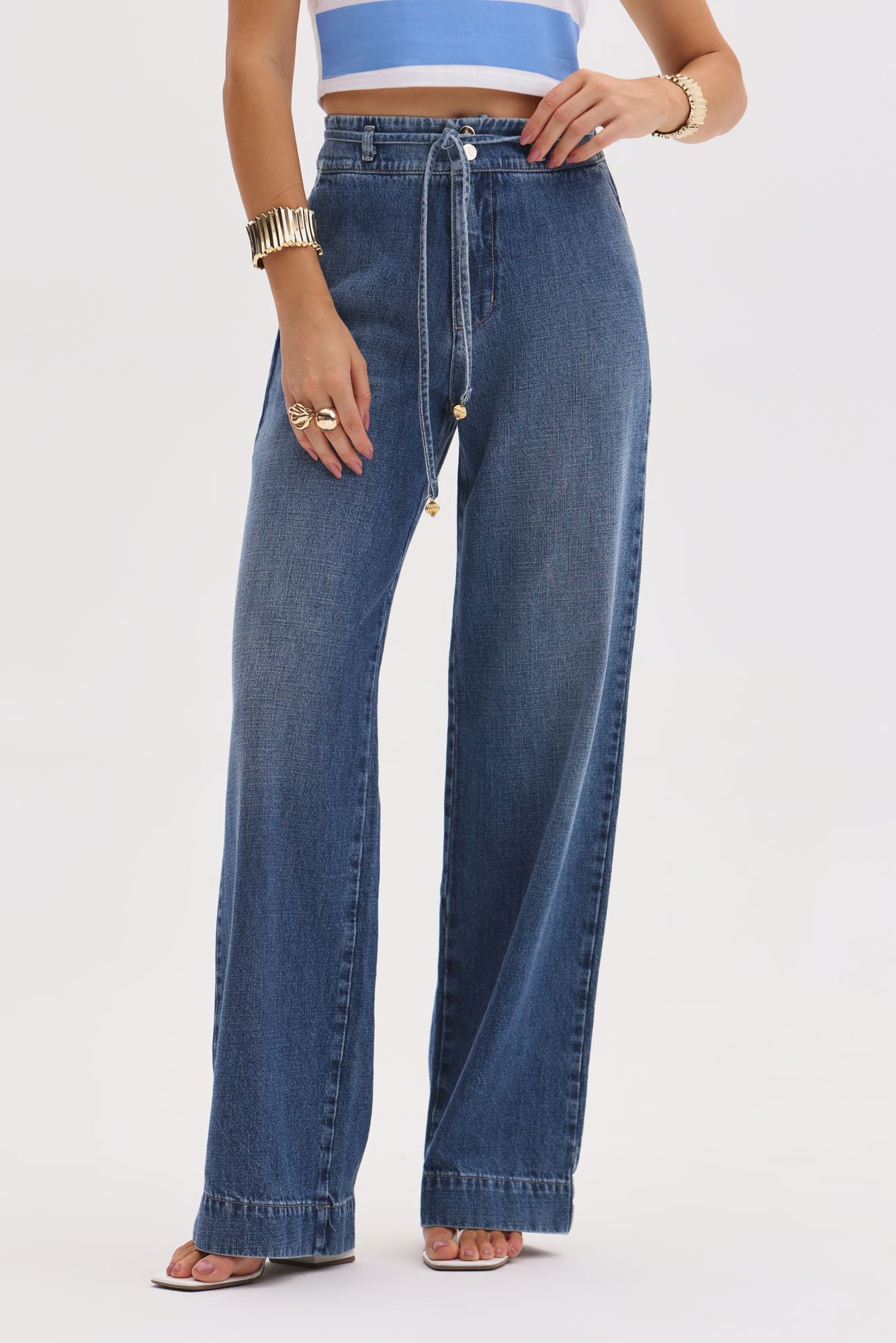 Calça Feminina Wide Leg Cinto Flor de Lis