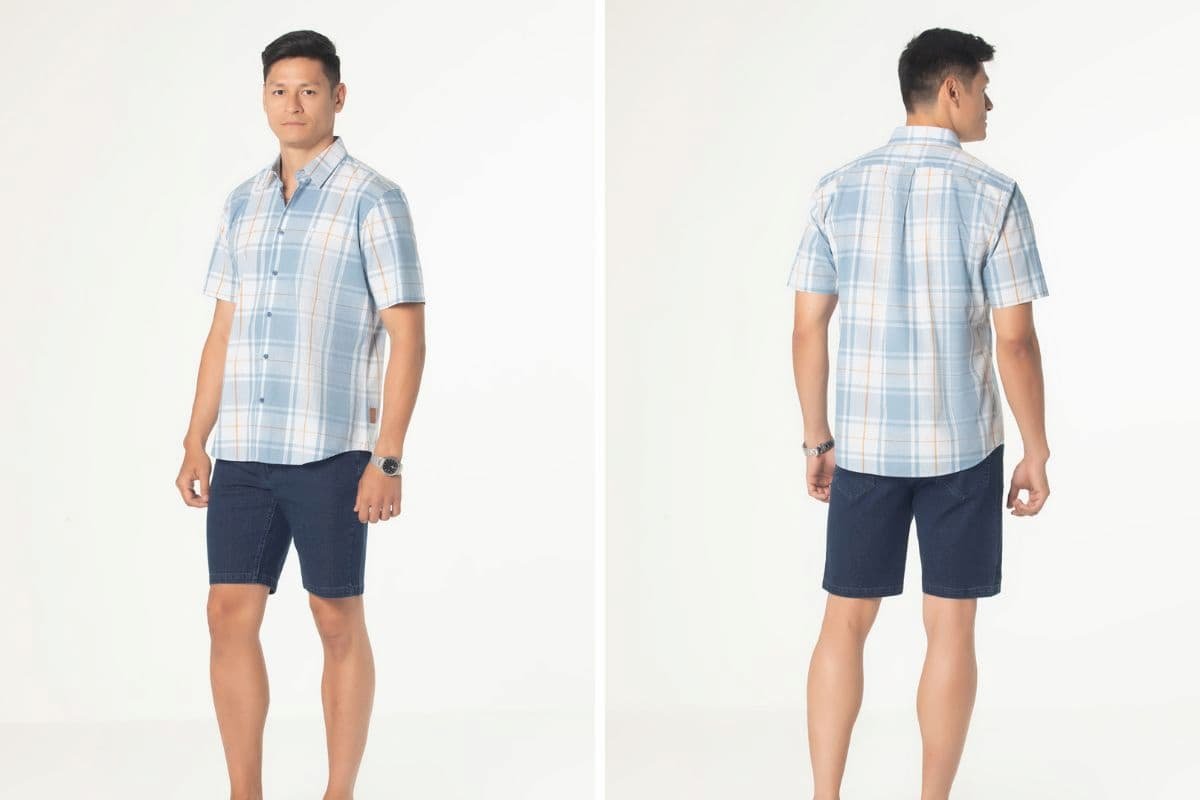 homem de bermuda jeans azul