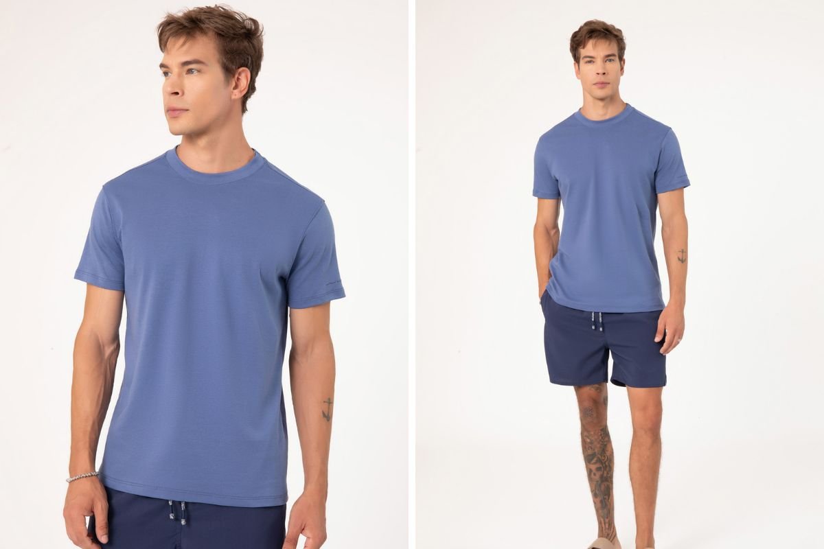 homem usando camiseta slim masculina