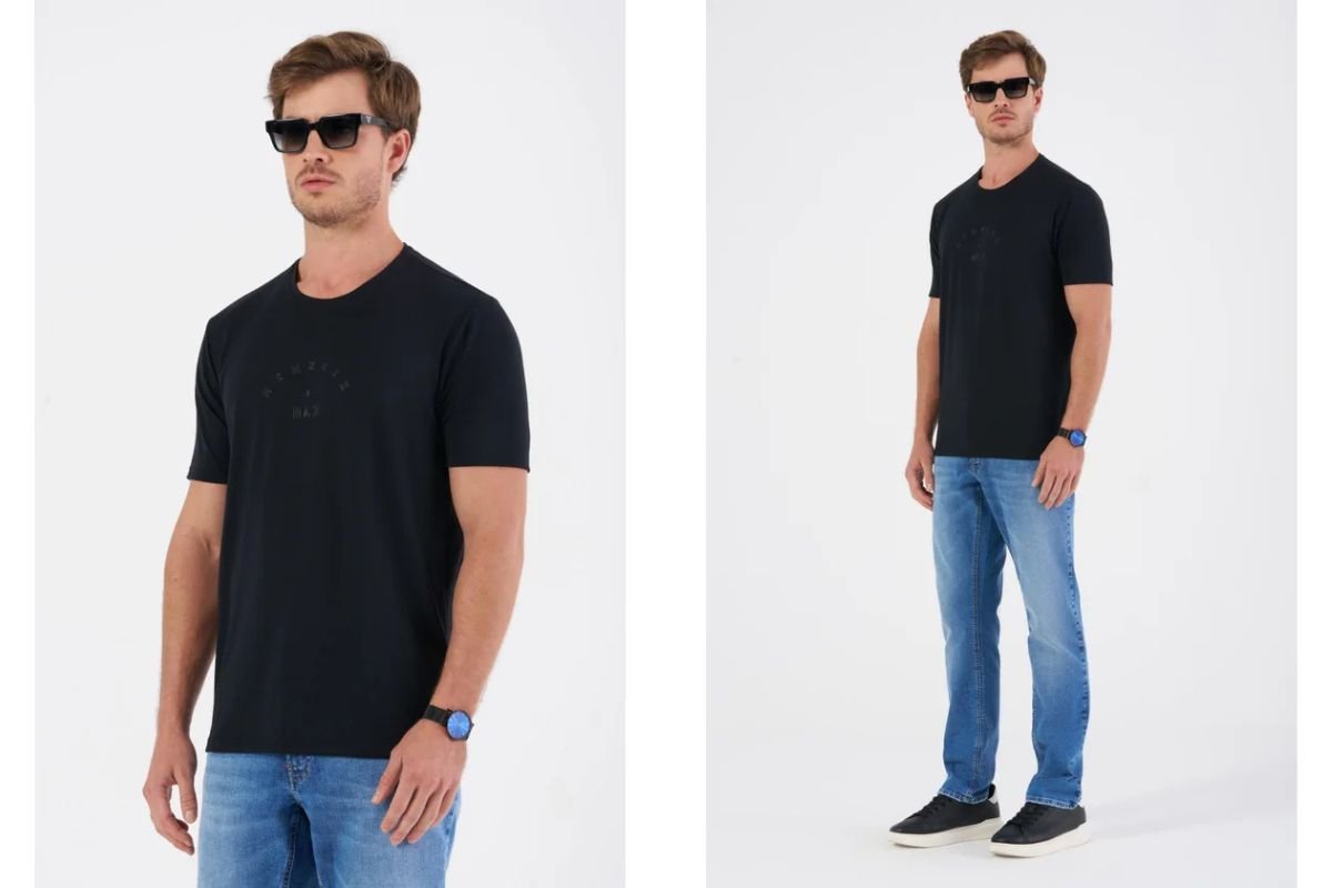 homem usando calca jeans e camiseta de poliester com elastano