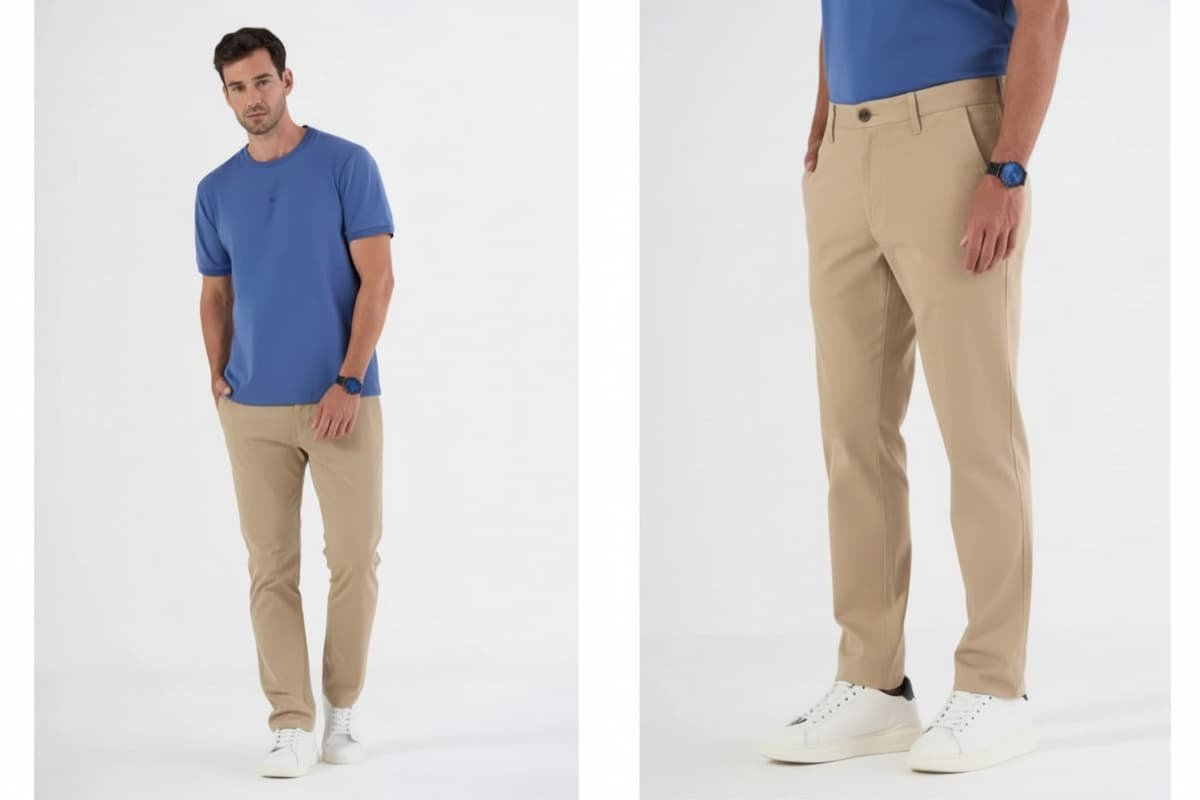 homem usando calca chino bege e camiseta azul