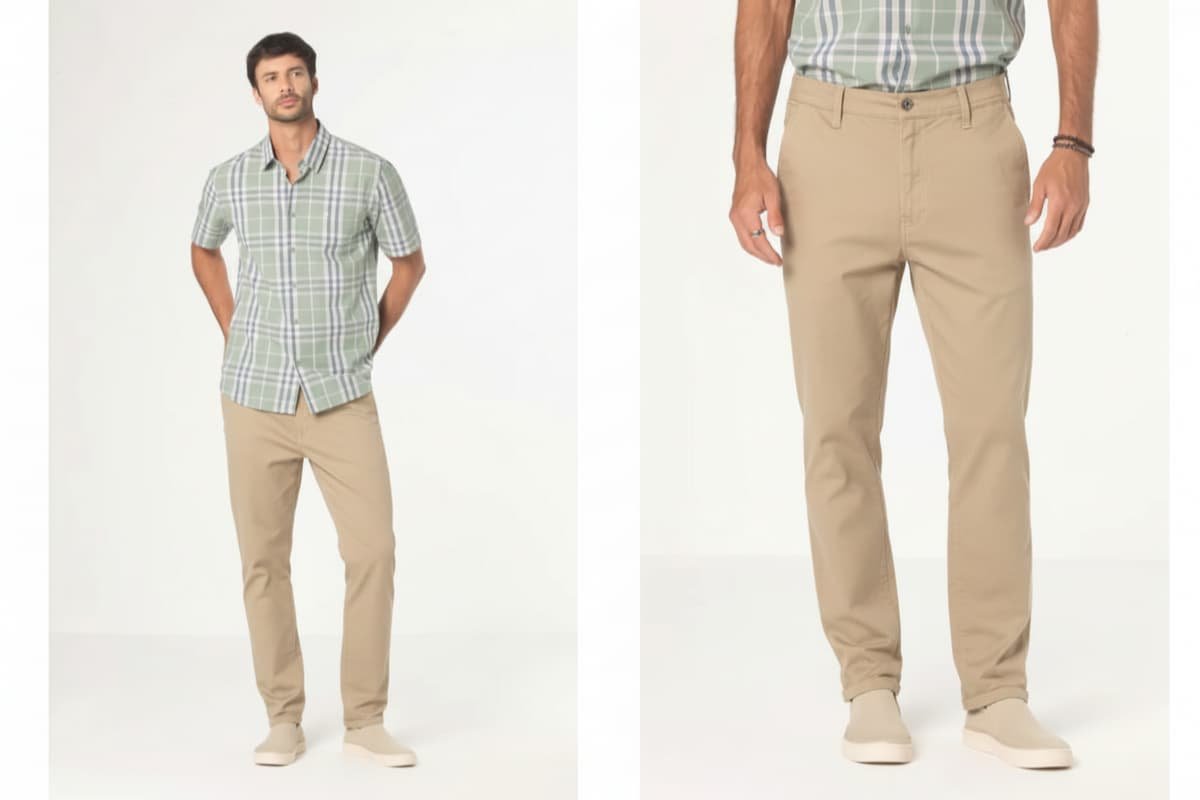 homem usando calca chino bege e camisa