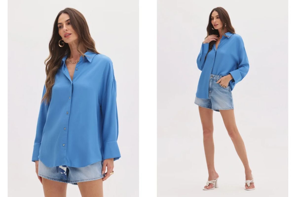 modelo com bermuda jeans e camisa longa feminina