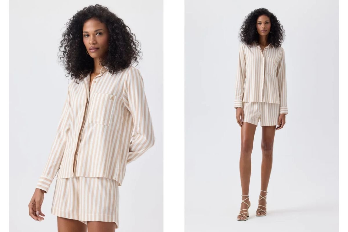 mulher morena usando conjunto de short e camisa longa feminina