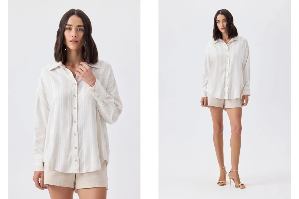 mulher usando camisa longa feminina e bermuda