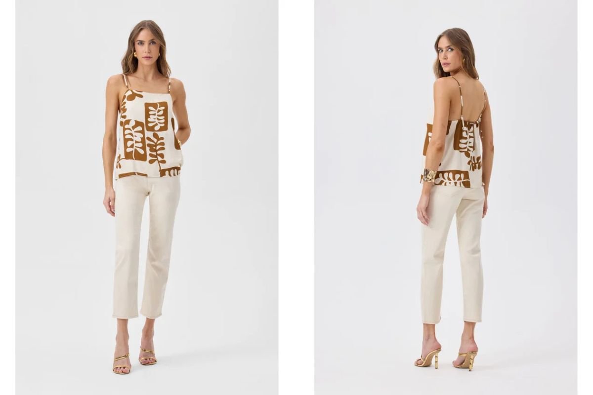 mulher com calca cropped e blusa