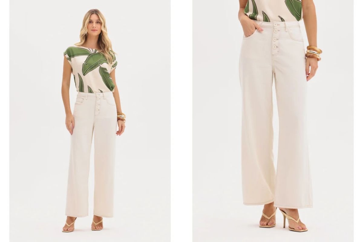 mulher loira com calca cropped e blusa com estampas