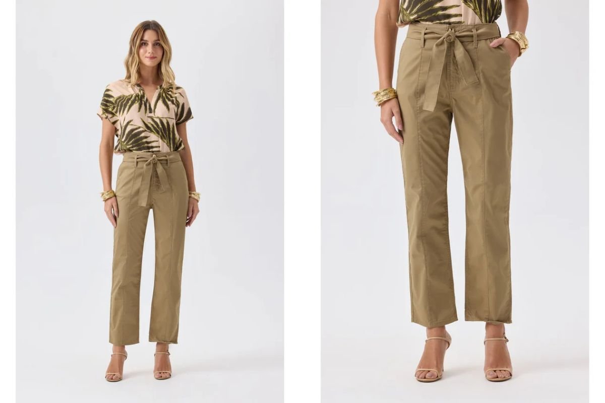 mulher loisa com calca cropped e blusa com estampas