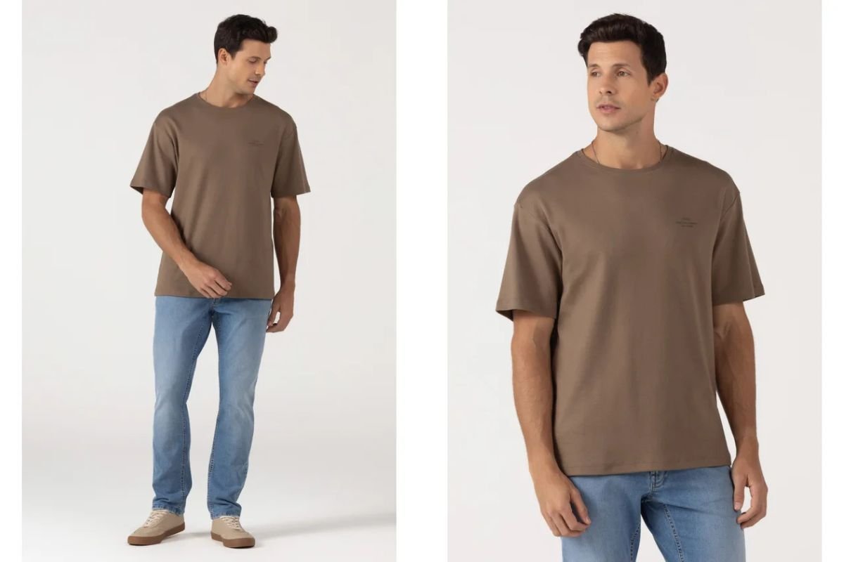 homem usando camiseta marrom