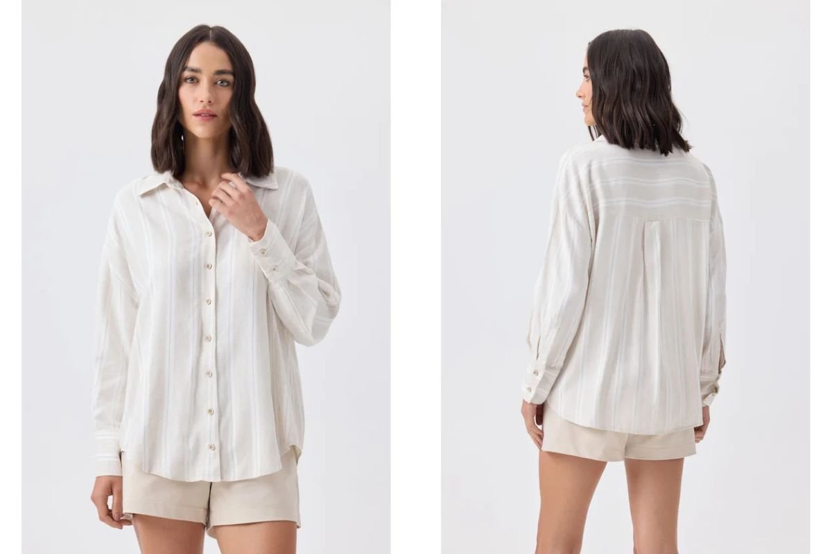 mulher com camisa de linho e bermuda