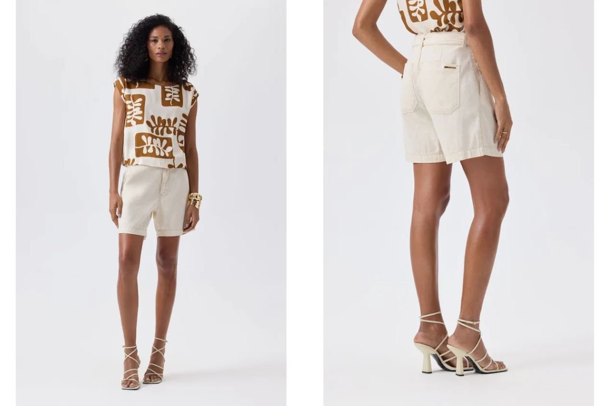 mulher morena usando bermuda de linho e blusa com estampas
