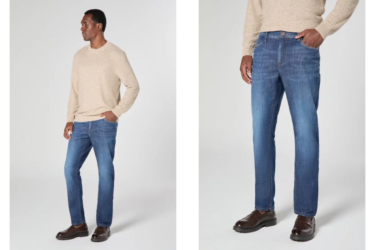 homem usando camiseta bege e calca jeans