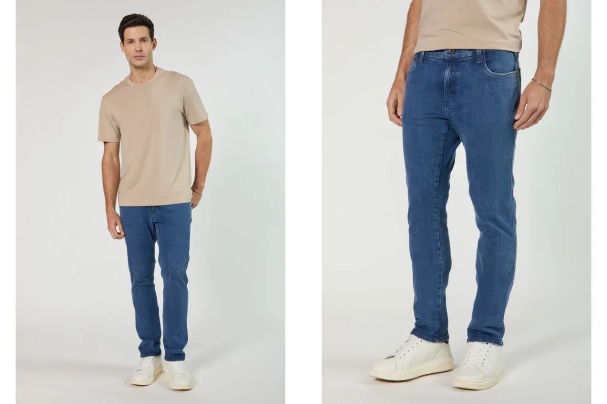 homem usando camiseta e calca jeans
