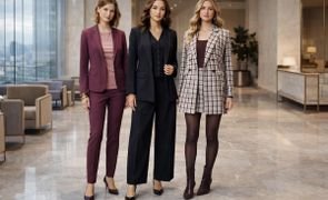 modelos em hall de entrada vestindo looks de alfaiataria