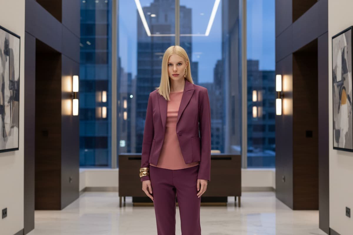 modelo loira em escritorio vestindo blazer e calca de alfaiataria