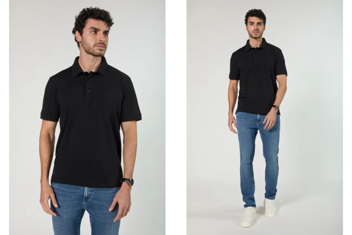 modelo usando polo masculina e calca jeans