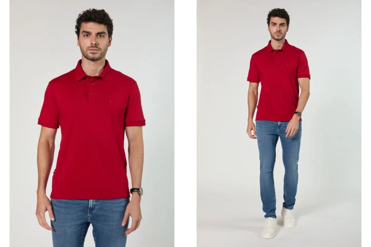 modelo usando polo masculina e jeans