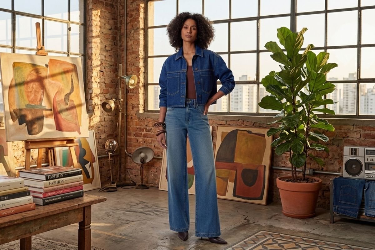 modelo usando look all jeans