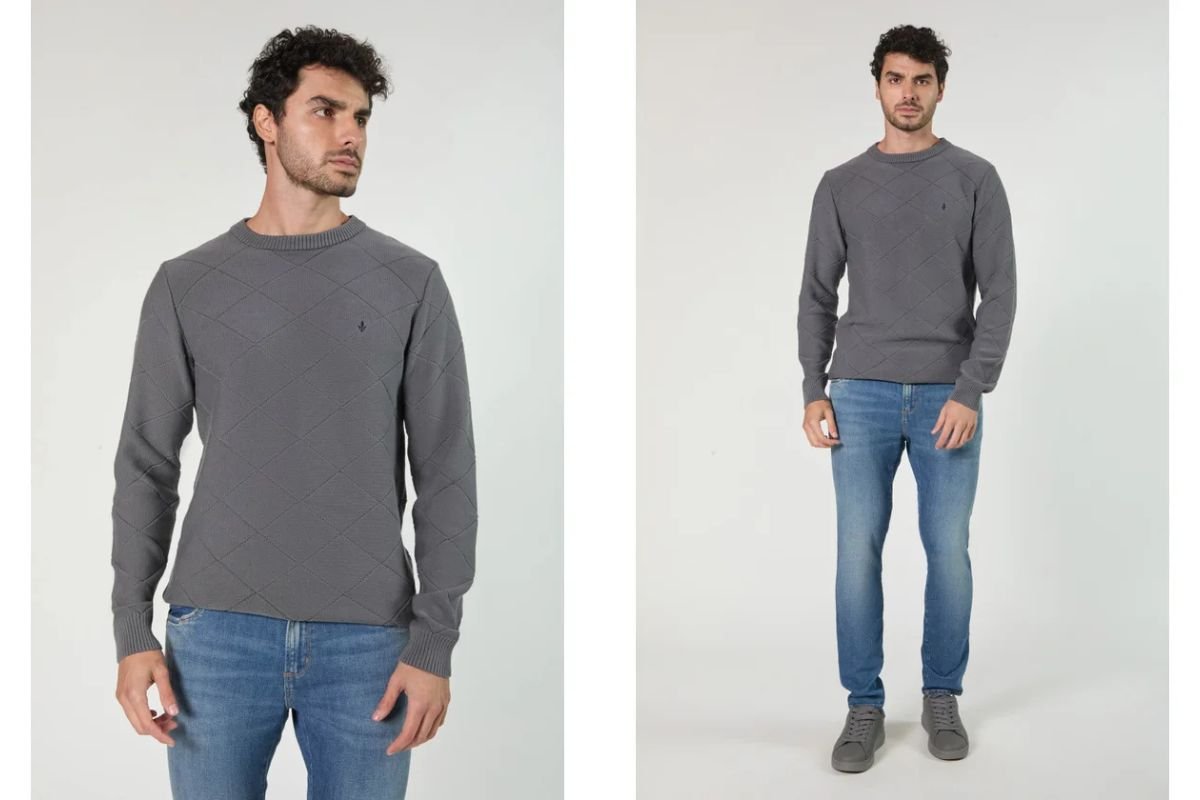 modelos com blusa de tric&ocirc; cinza