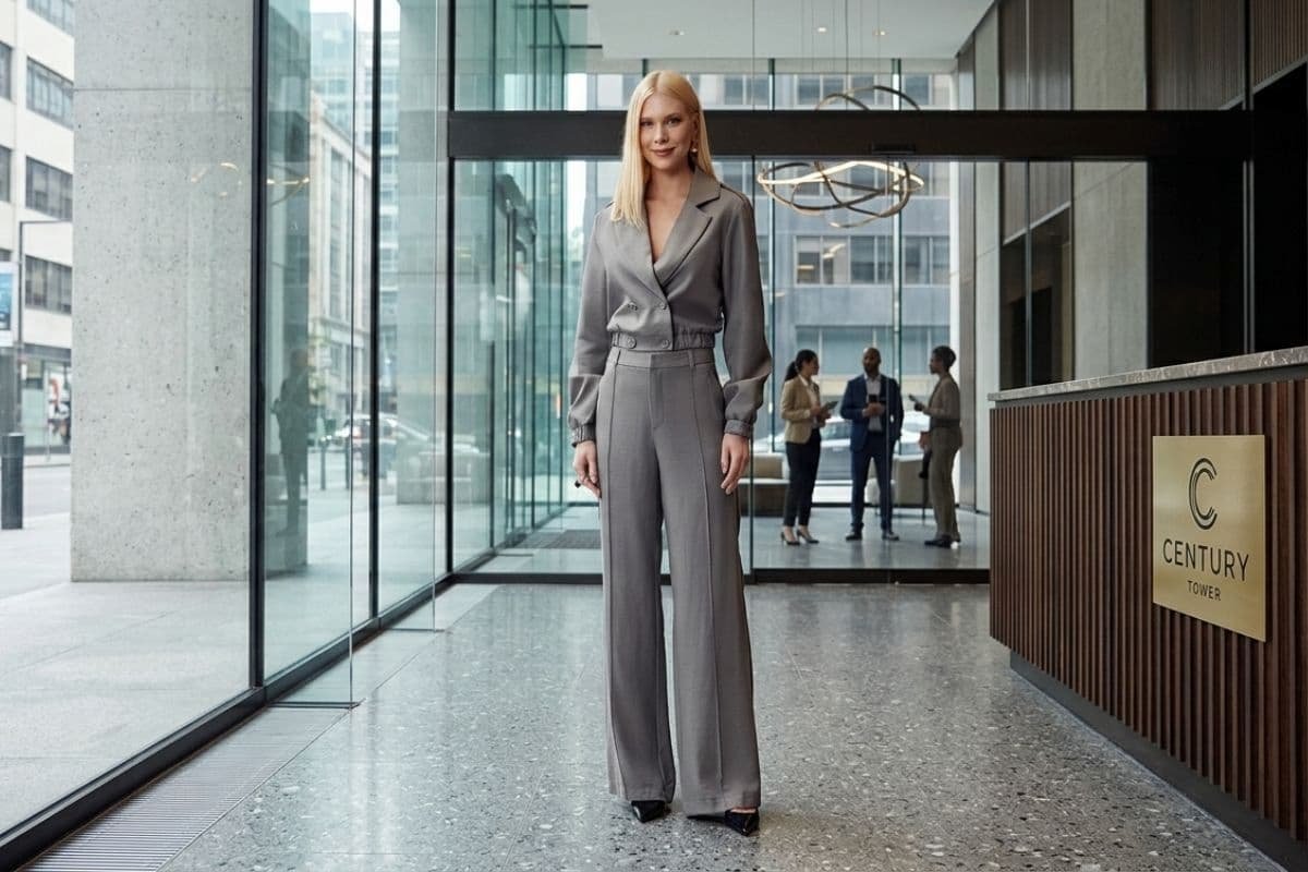 mulher usando look monocrom&aacute;tico na recep&ccedil;&atilde;o de um hotel