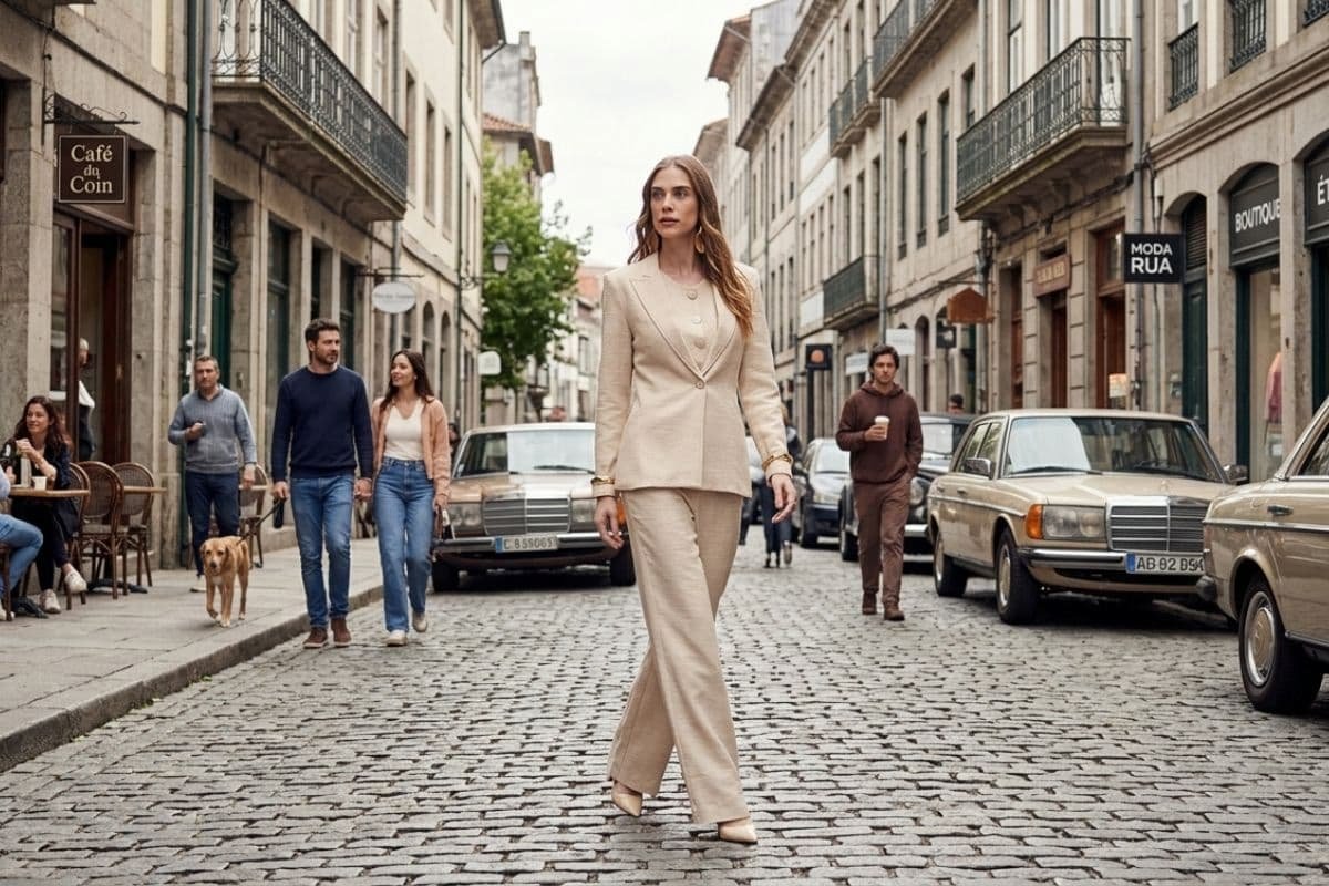 modelo desfilando na rua usando look monocrom&aacute;tico